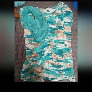 Teal and Tan Camouflage Women's Top With Scarf